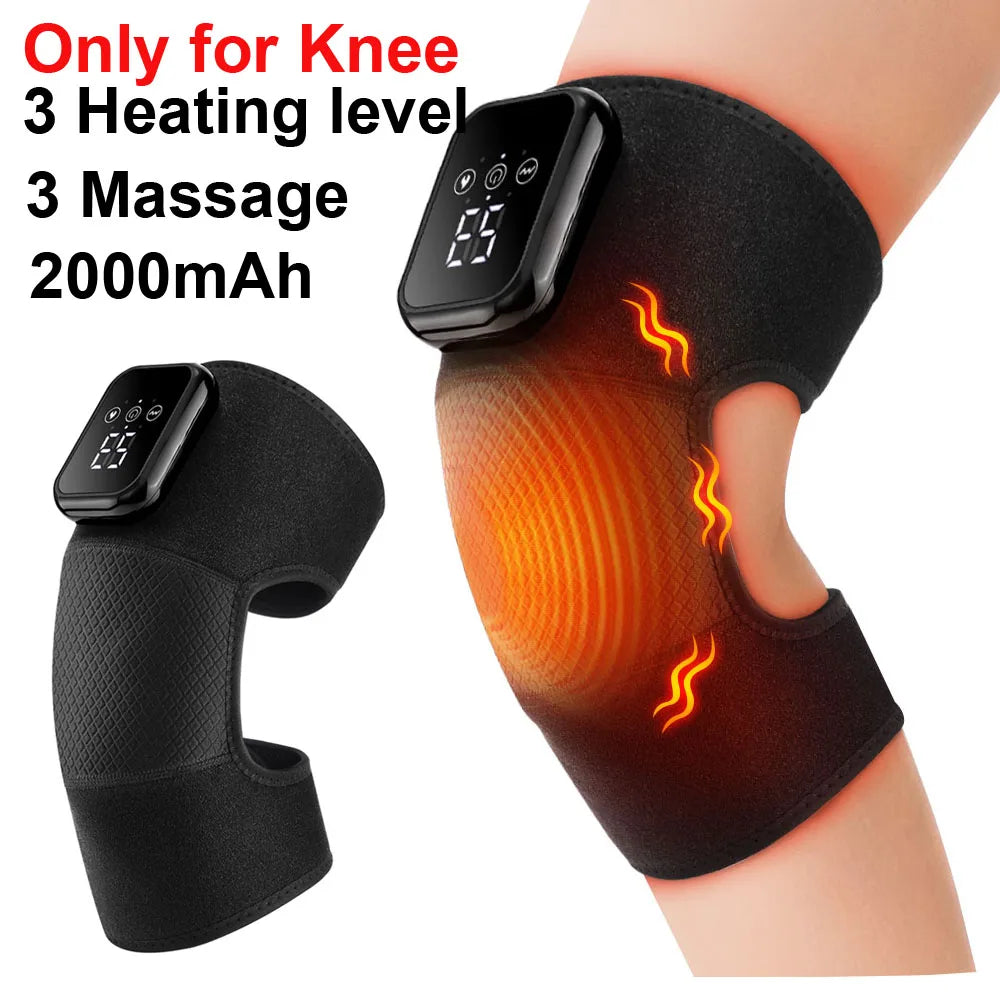 Schwarzes, beheiztes Knie-Massagergerät auf dem Bein einer Person, die Heizbereich hervorhebt.