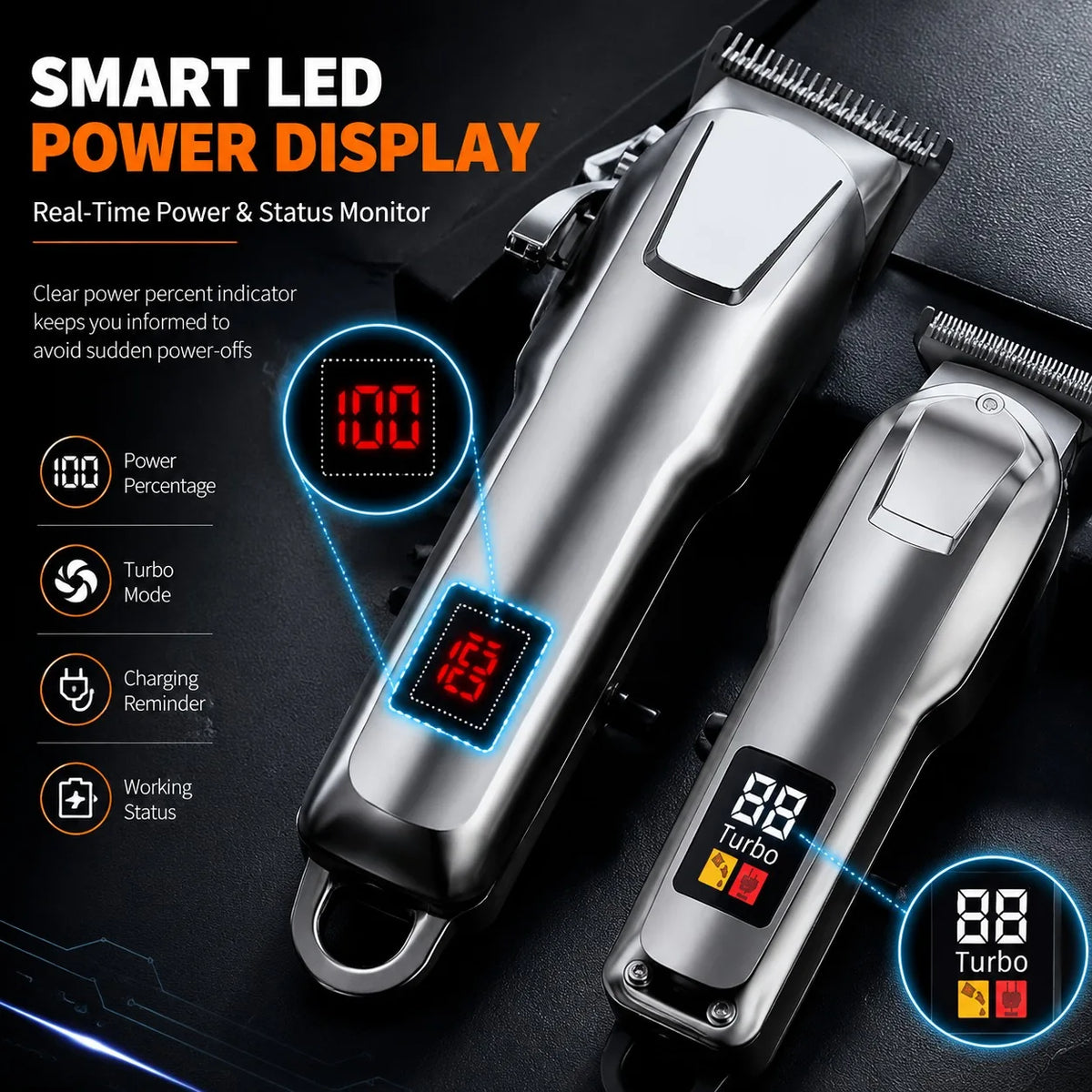 A silver cordless hair clipper set with a smart LED power display showing 100 percent and turbo mode.