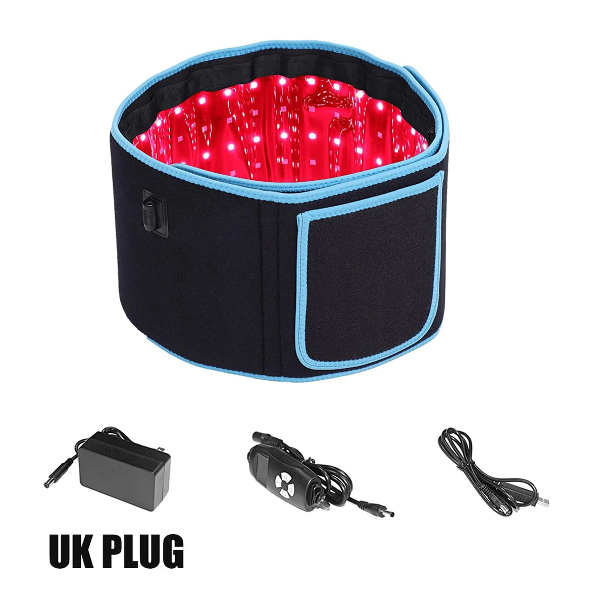 Schwarze Lichttherapie-Gürtel mit roten LED-Lichtern und einem UK-Steckadapter.