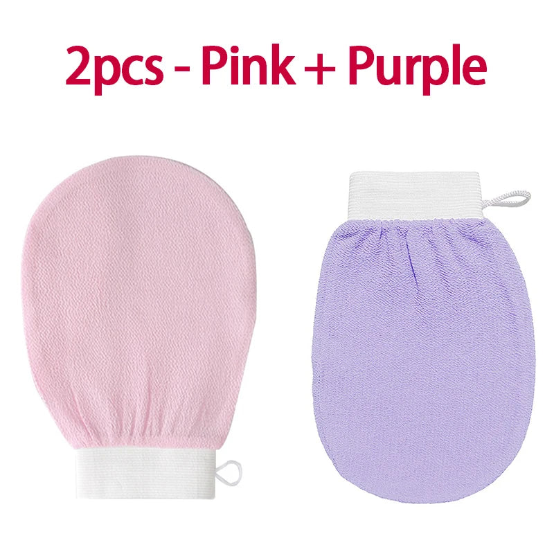 Two exfoliating body scrubbing gloves, one pink and one purple, shown side by side.
