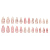 A collection of 24 pink heart pearl press-on fake nails displayed in a row.