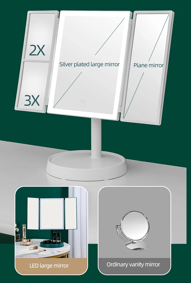 A white foldable LED makeup mirror with 2x and 3x magnification options displayed on a stand.