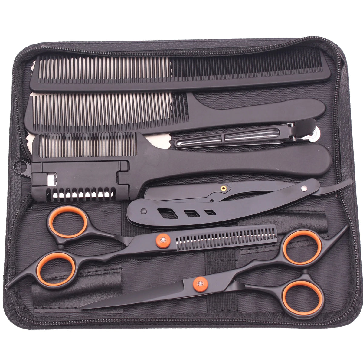 A black case containing professional stainless steel hairdressing scissors and combs.