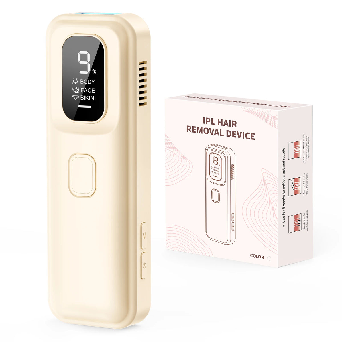 A beige IPL hair removal device is shown next to its packaging box.