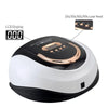 A black and white UV LED nail lamp with an LCD display and temperature settings shown from above.