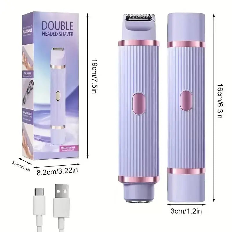 A purple portable dual-headed electric shaver shown in its box and disassembled components.
