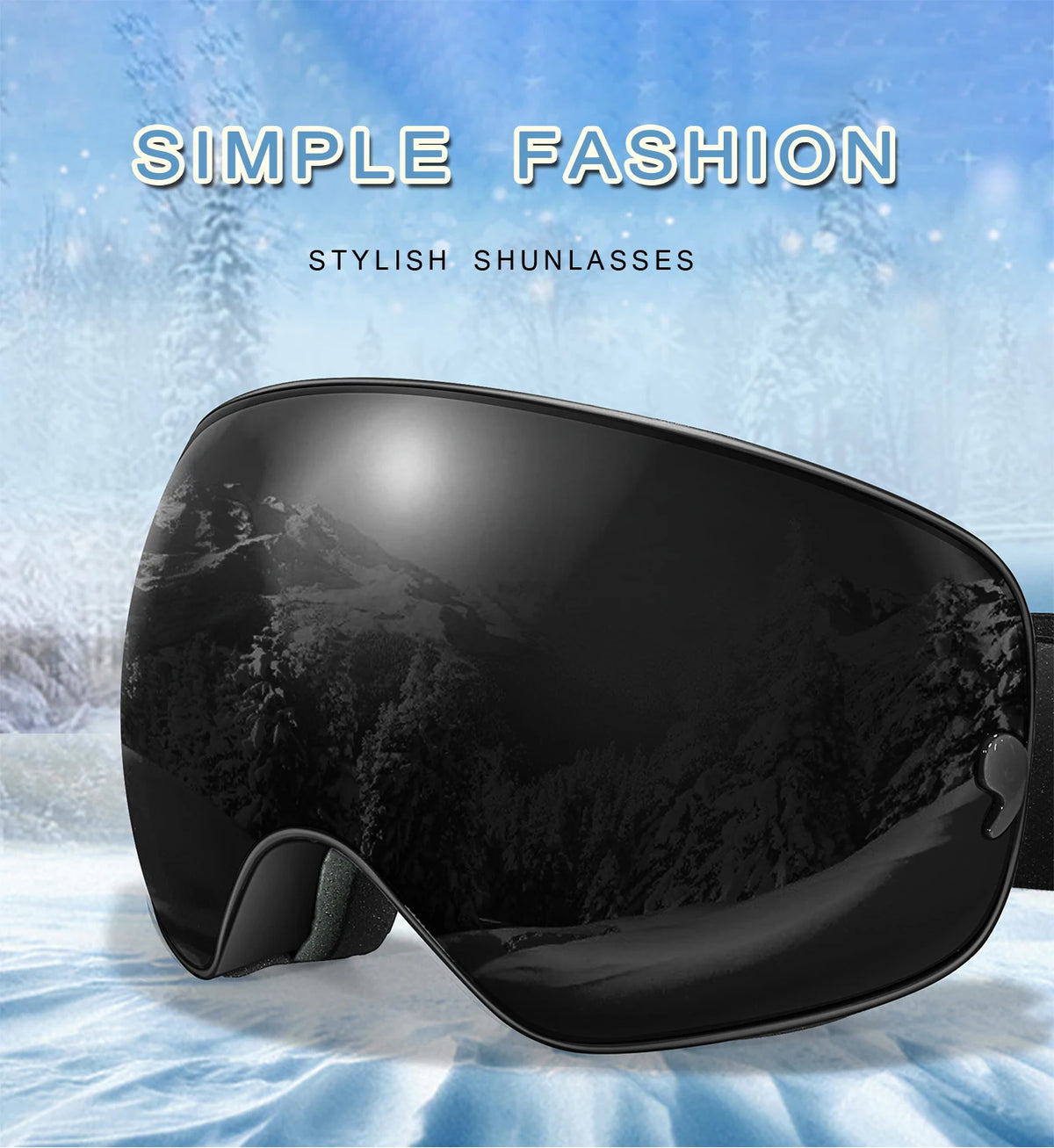 A pair of black simple fashion sunglasses resting on a snowy surface with a blurred winter background.