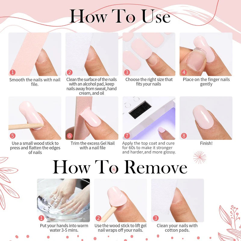 Instructions for using and removing Halloween UV gel nail stickers, showing steps for application and removal.