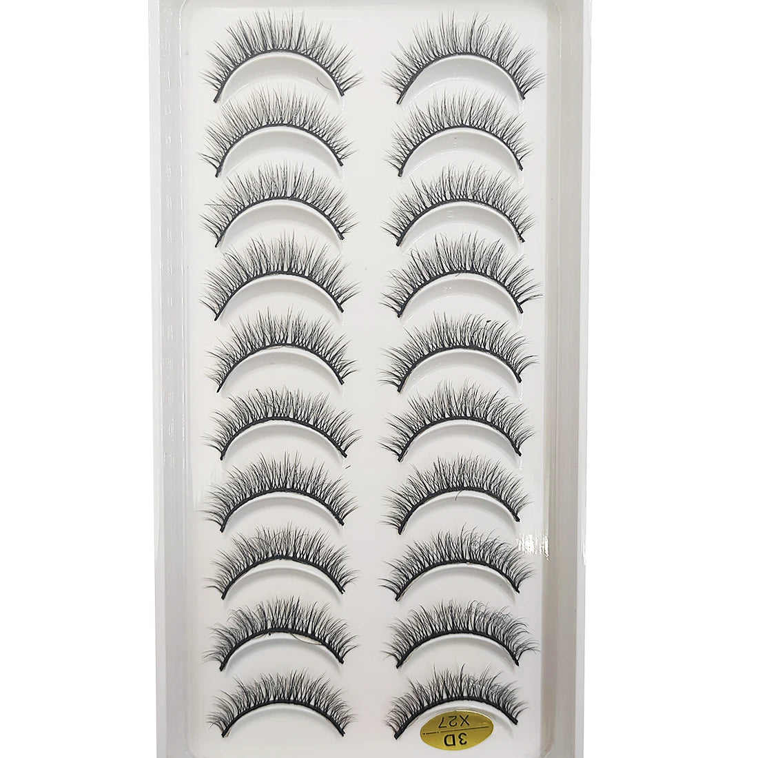 A display of natural 3D mink false eyelashes in various styles and lengths.