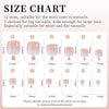 Size chart showing 12 sizes of pink French press on toenails for various toe lengths.