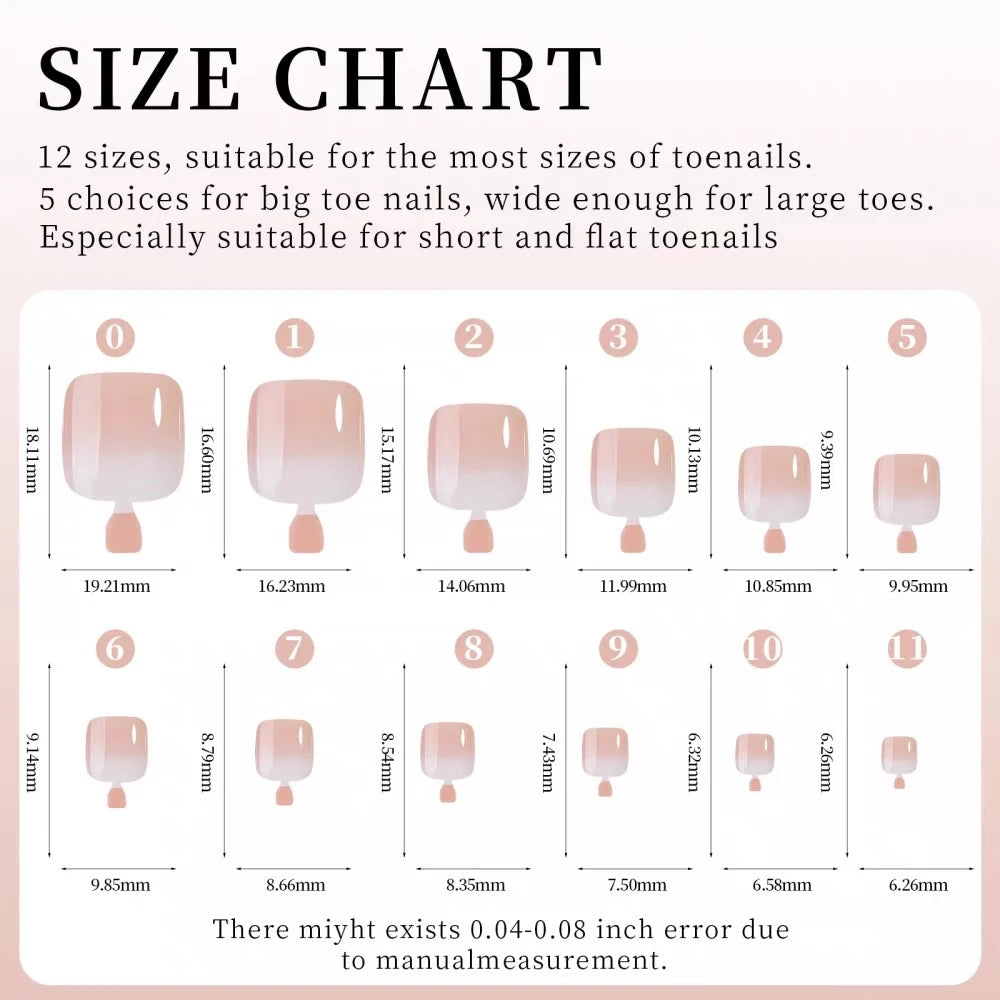 Size chart showing 12 sizes of pink French press on toenails for various toe lengths.