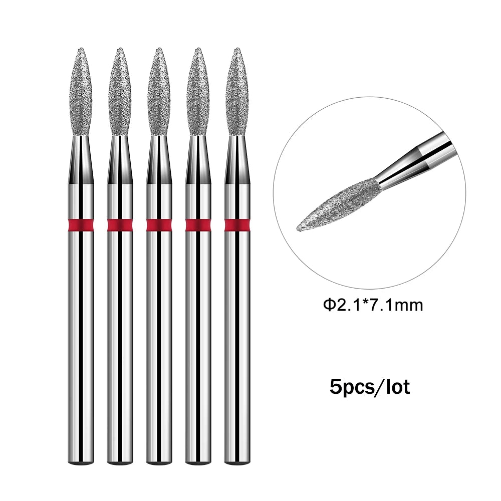A set of five diamond nail drill bits with a silver body and sparkly tips, measuring 2.1*7.1mm each.