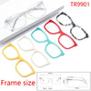 A collection of various clear and colored eyeglass frames shown with measurements.