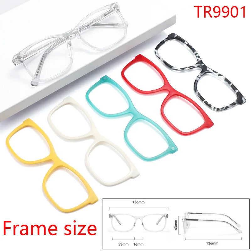 A collection of various clear and colored eyeglass frames shown with measurements.