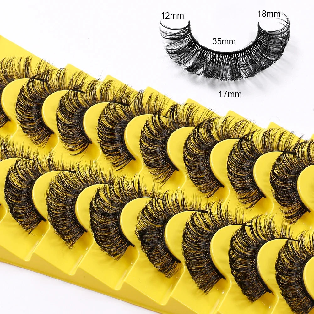 A yellow tray of Russian volume strip lashes featuring natural wispy D-curve mink look lashes.