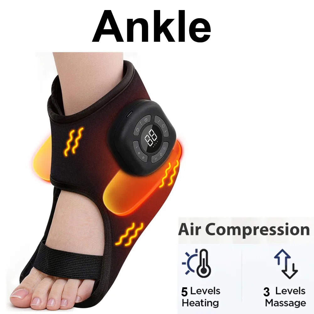 Black ankle massager device showing heating and massage levels for foot and ankle relief