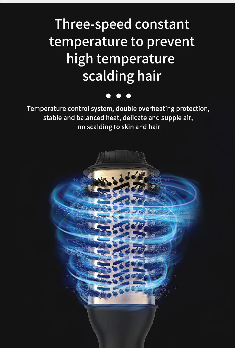 Close-up of a professional hair blow dryer brush and volumizer with blue light effects.