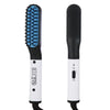 A black electric straightening comb with a white body and blue bristles is shown standing vertically.