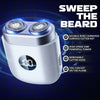 A white electric beard shaver with two rotating blades is shown against a blue technical background.