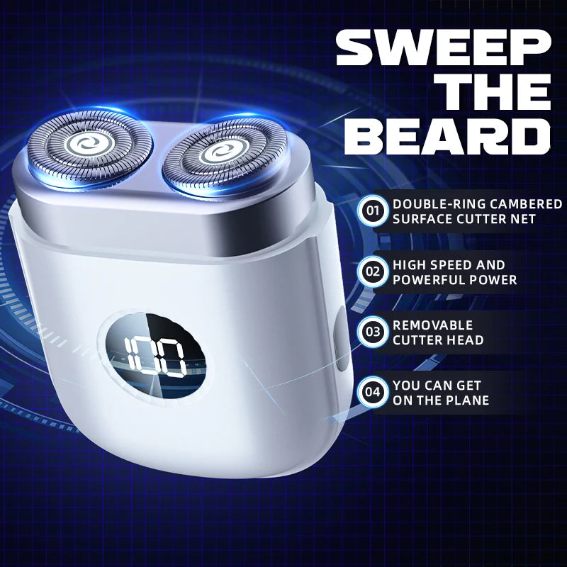 A white electric beard shaver with two rotating blades is shown against a blue technical background.