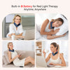 A woman is shown using a therapeutic red light therapy belt while working on a laptop in various home settings.