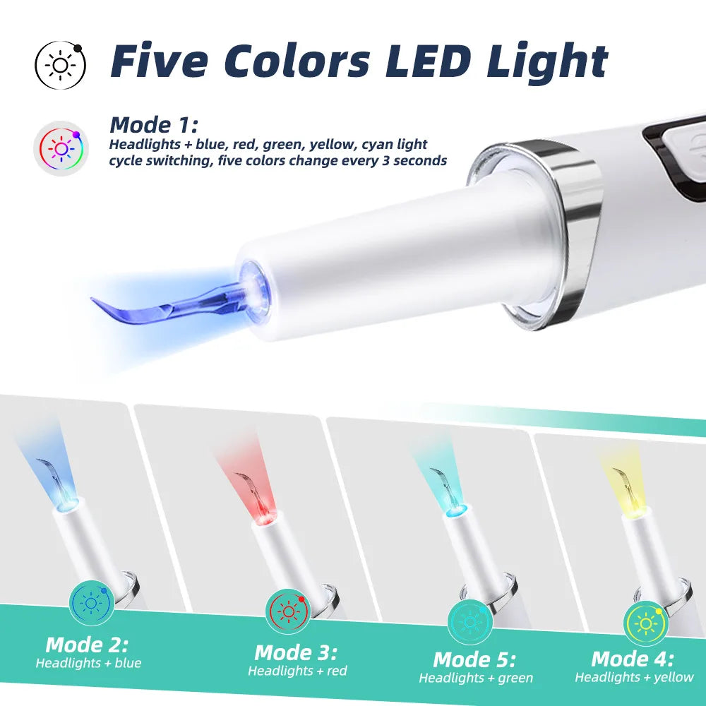 A silver ultrasonic dental scaler device demonstrating five modes of LED light therapy colors including blue, red, green, yel