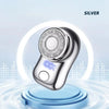 Silver cordless electric beard trimmer shaver with a glowing ring background