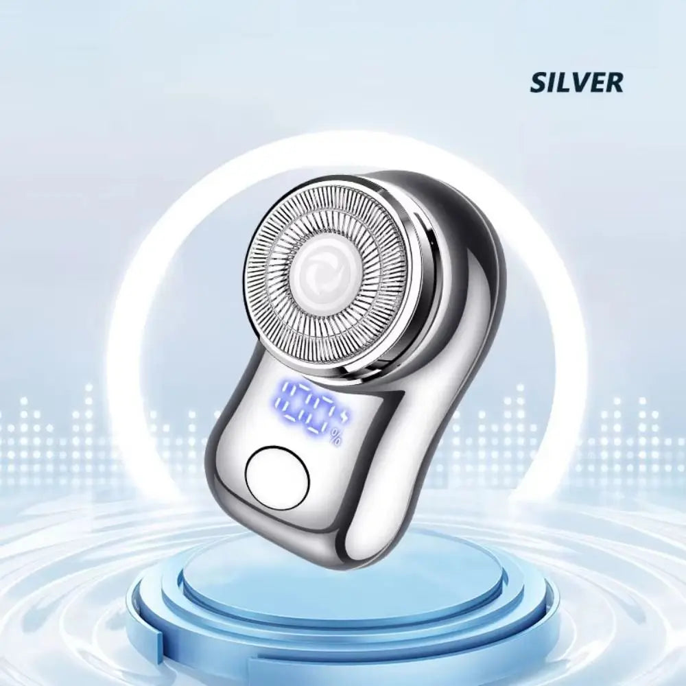 Silver cordless electric beard trimmer shaver with a glowing ring background