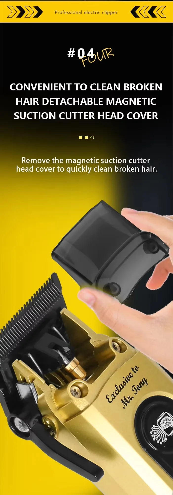 A hand is removing the magnetic suction cutter head cover from a professional electric hair clipper.