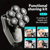 A black multifunctional electric shaving kit with five interchangeable heads for trimming and cleaning