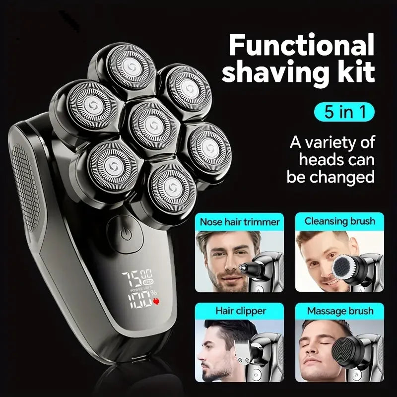 A black multifunctional electric shaving kit with five interchangeable heads for trimming and cleaning