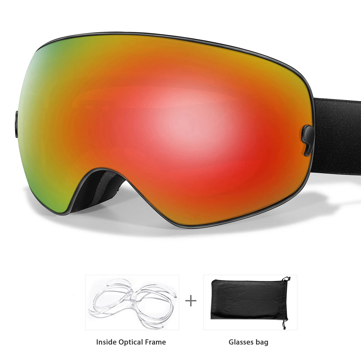 A pair of orange-tinted sports goggles shown with an inside optical frame and a separate glasses bag.