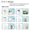 A set of six pink electric beauty tools including a hair removal head, foot grinder, shaver, brush cleaner, massage head, and