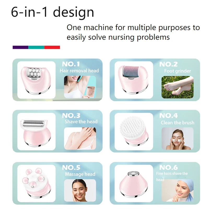 A set of six pink electric beauty tools including a hair removal head, foot grinder, shaver, brush cleaner, massage head, and