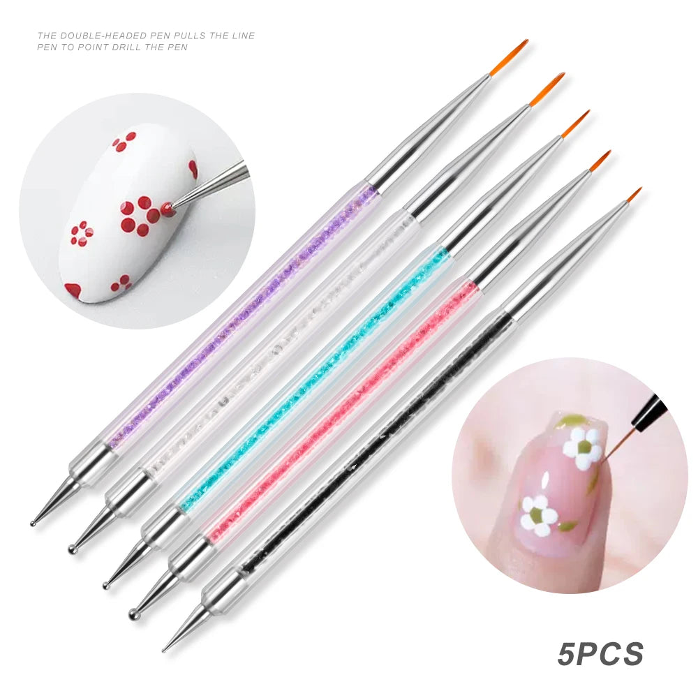 A set of five double-headed pen drills used for applying fine lines and details on nails.