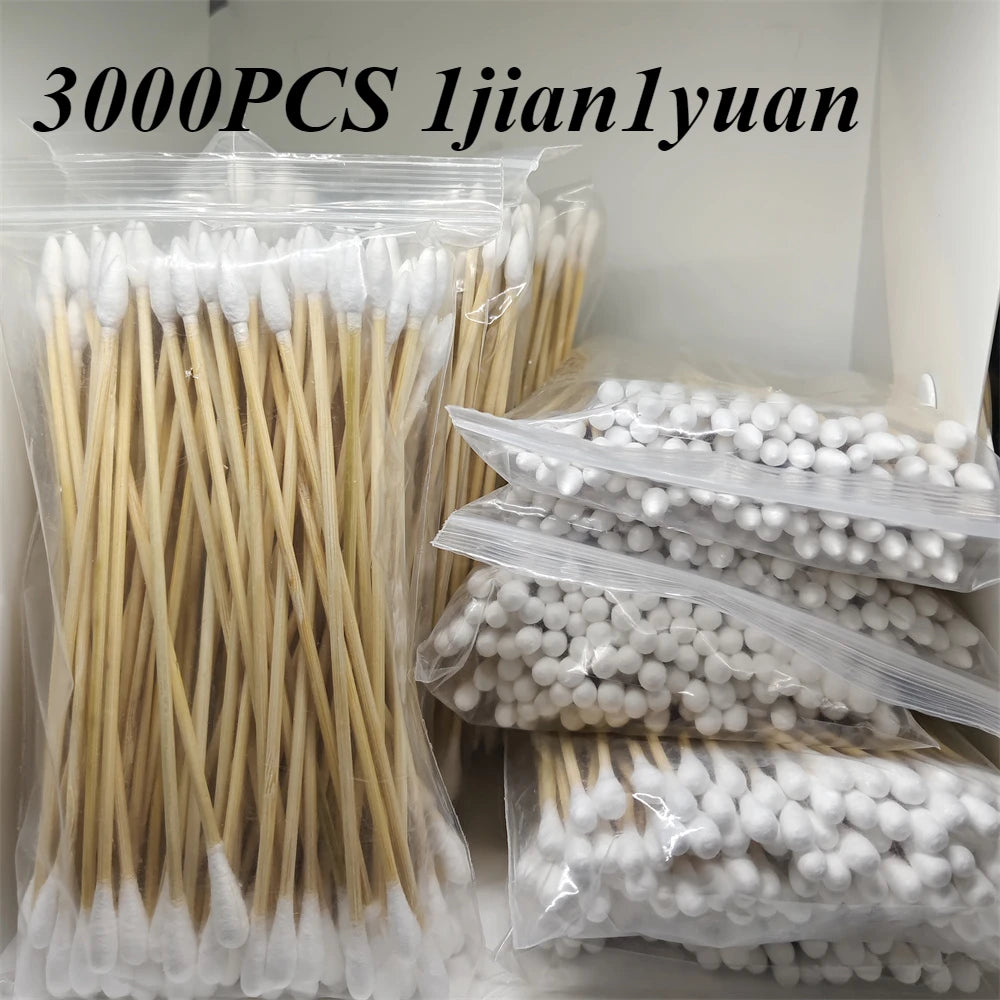 A collection of 3000 precision wooden cotton swabs packaged in clear plastic bags.