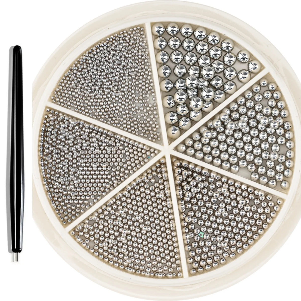 A circular display of gold mixed stainless steel bead nail art decorations arranged in radial sections.