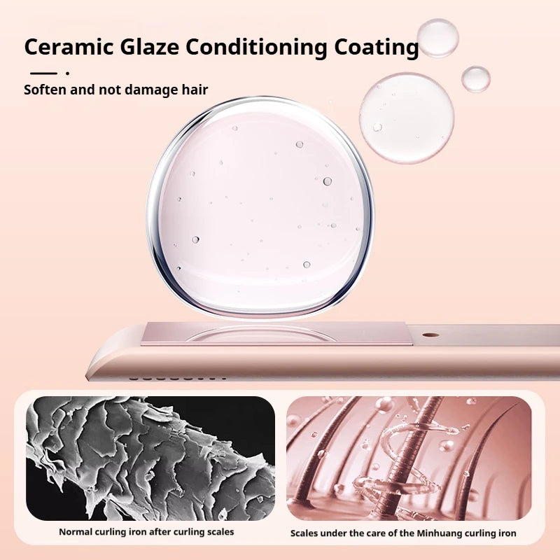 A ceramic glaze conditioning coating is applied to a hair straightener and curler, showing scales under the care of the Minhu