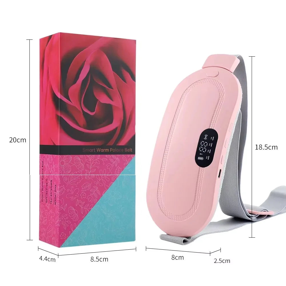 A pink portable heated massage belt is shown next to its packaging box and dimensions.