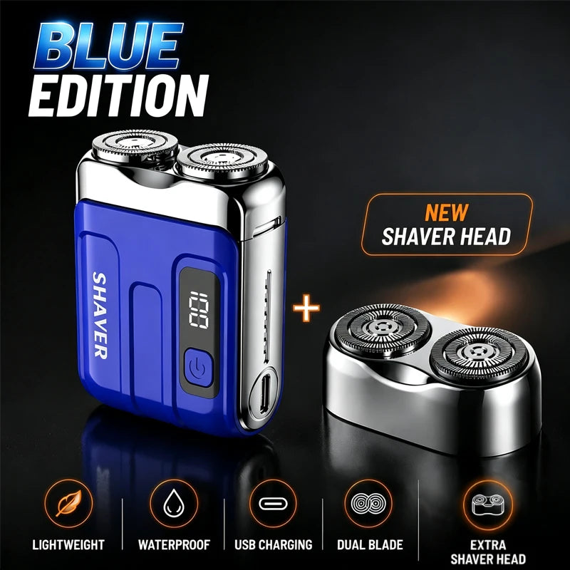 Blue edition portable electric beard shaver with a new shaver head and features like lightweight, waterproof, USB charging, d