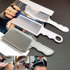A set of professional flat top hair cutting combs shown in various angles and colors against a dark background.