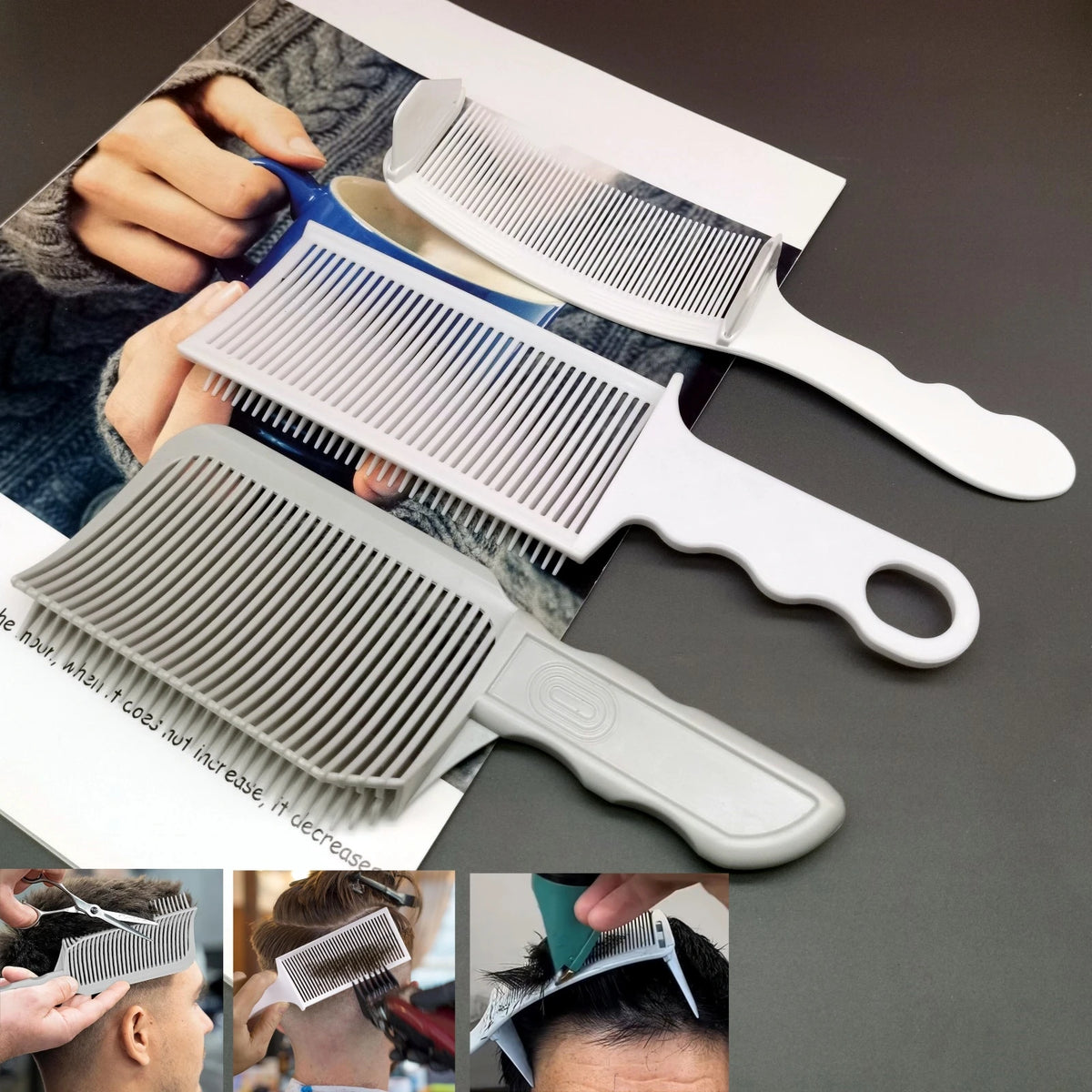 A set of professional flat top hair cutting combs shown in various angles and colors against a dark background.