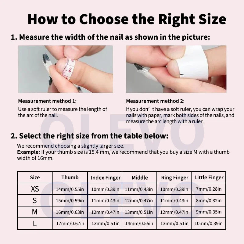 Instructions for choosing the right size of press-on nails, showing measurement methods and a size chart.
