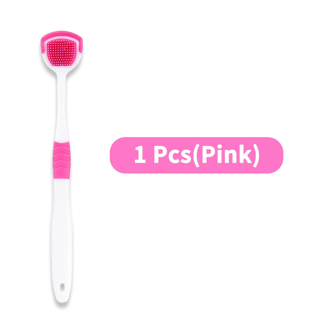 A pink reusable tongue scraper for oral hygiene