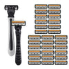 A collection of multiple 3-layer stainless steel manual razors for men displayed in a grid format.