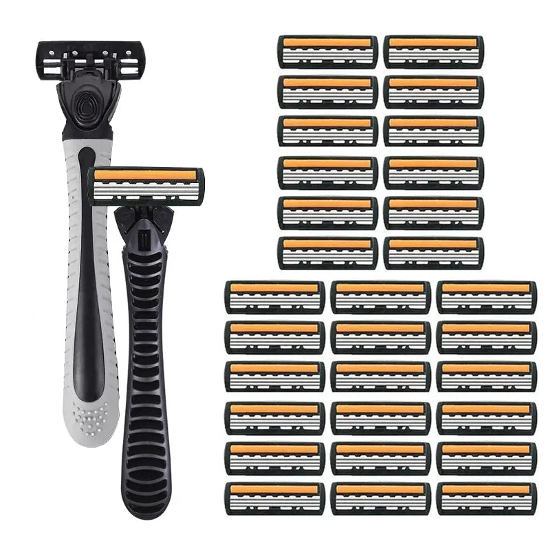 A collection of multiple 3-layer stainless steel manual razors for men displayed in a grid format.