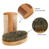 A set of wooden beard and mustache combs, including an antistatic comb and a soft and dense boar bristle comb.