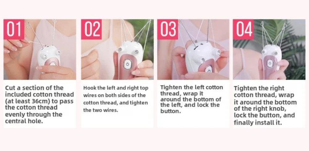 Four steps showing how to install an electric body and facial hair remover device.