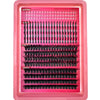 A pink plastic tray containing various clusters of black artificial eyelashes for DIY eyelash extensions.