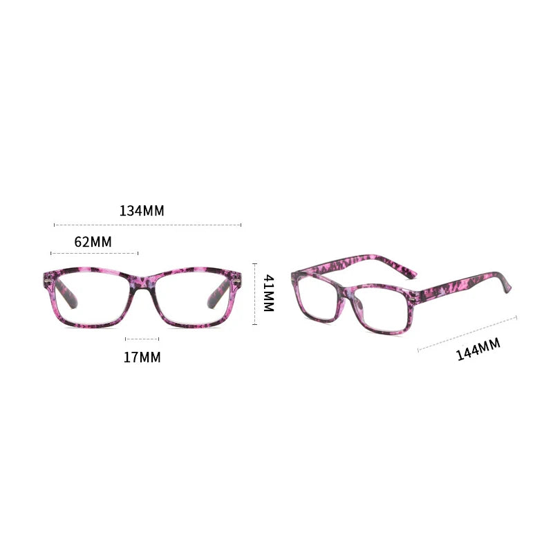 Pink photochromic reading glasses with anti-blue light protection shown in a flat lay view.